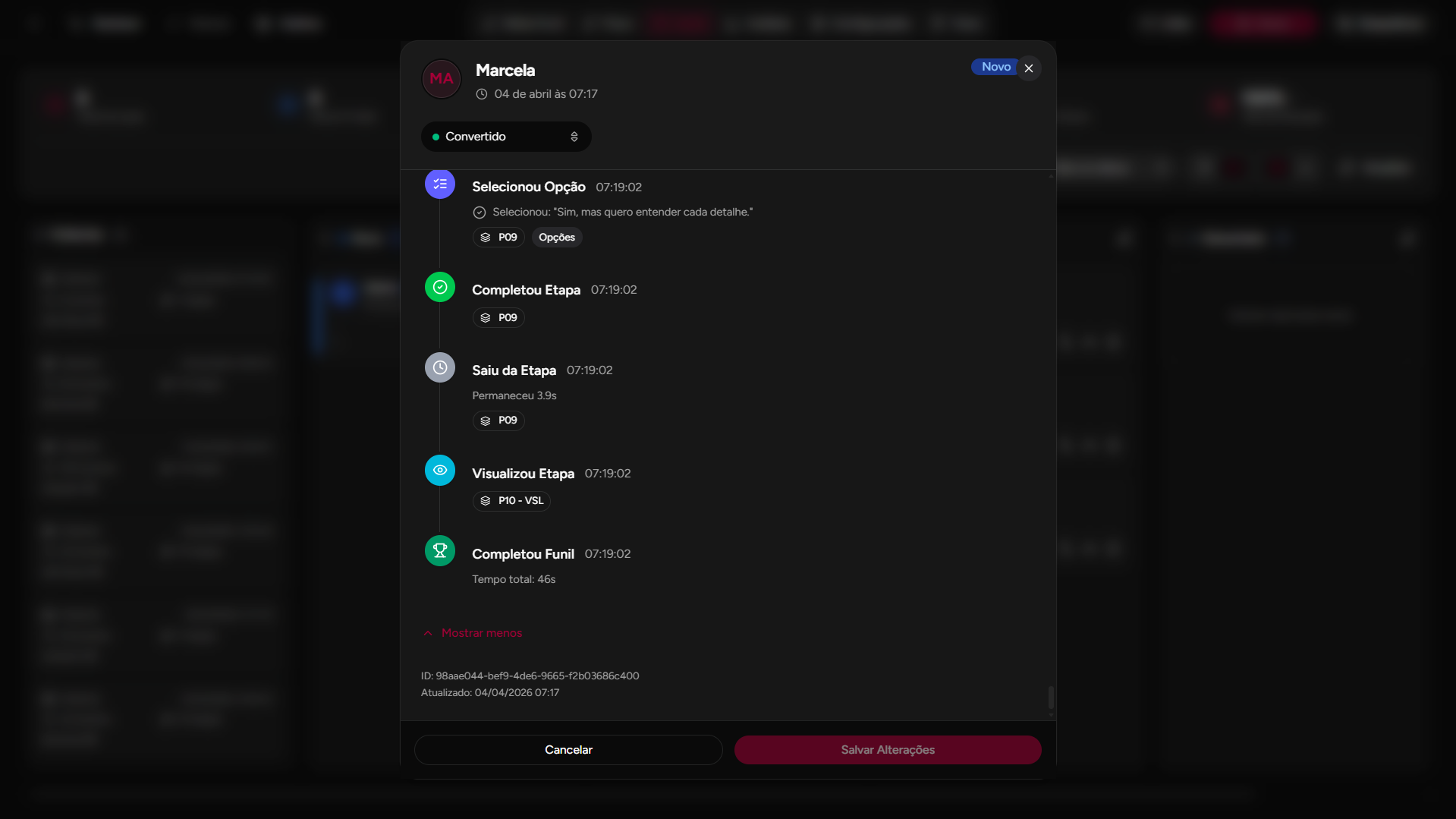 Lead convertido com histórico completo de etapas e ações do funil