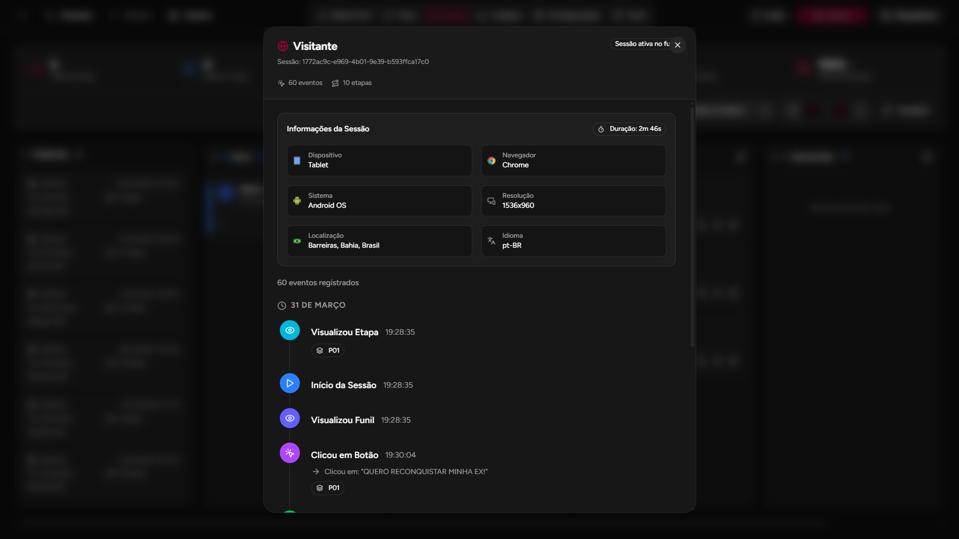 Detalhe do visitante com sessão, dispositivo, navegador e linha do tempo de eventos